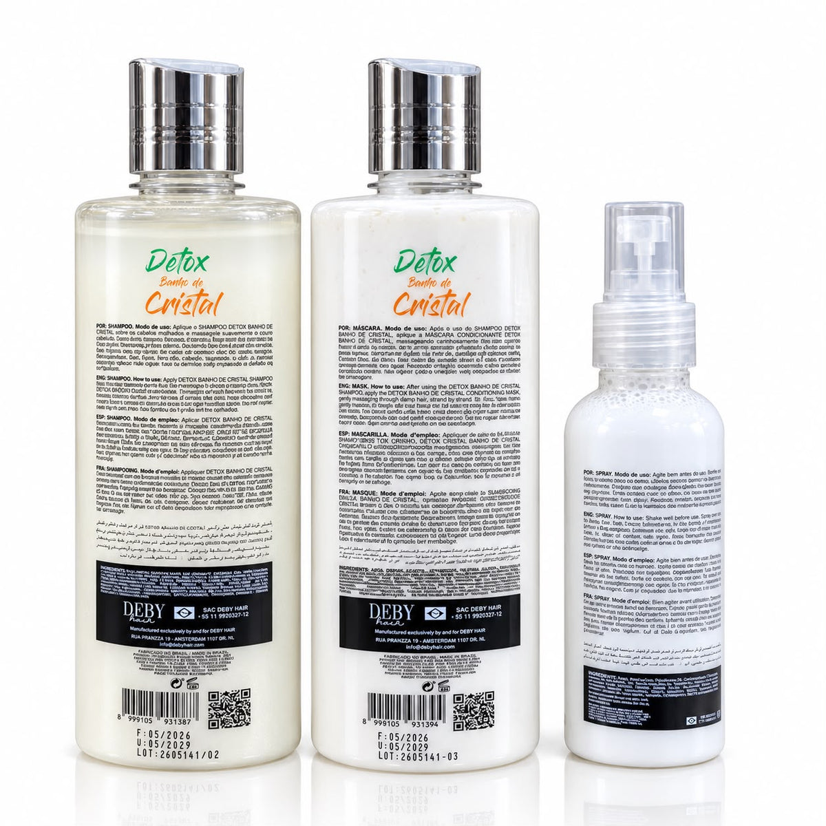 Kit Entretien Lissage Home Care Deby Hair — Detox Banho de Cristal — Shampoing 500ml + Masque 500g + Spray Biphasique 120ml | Post-Lissage & Botox