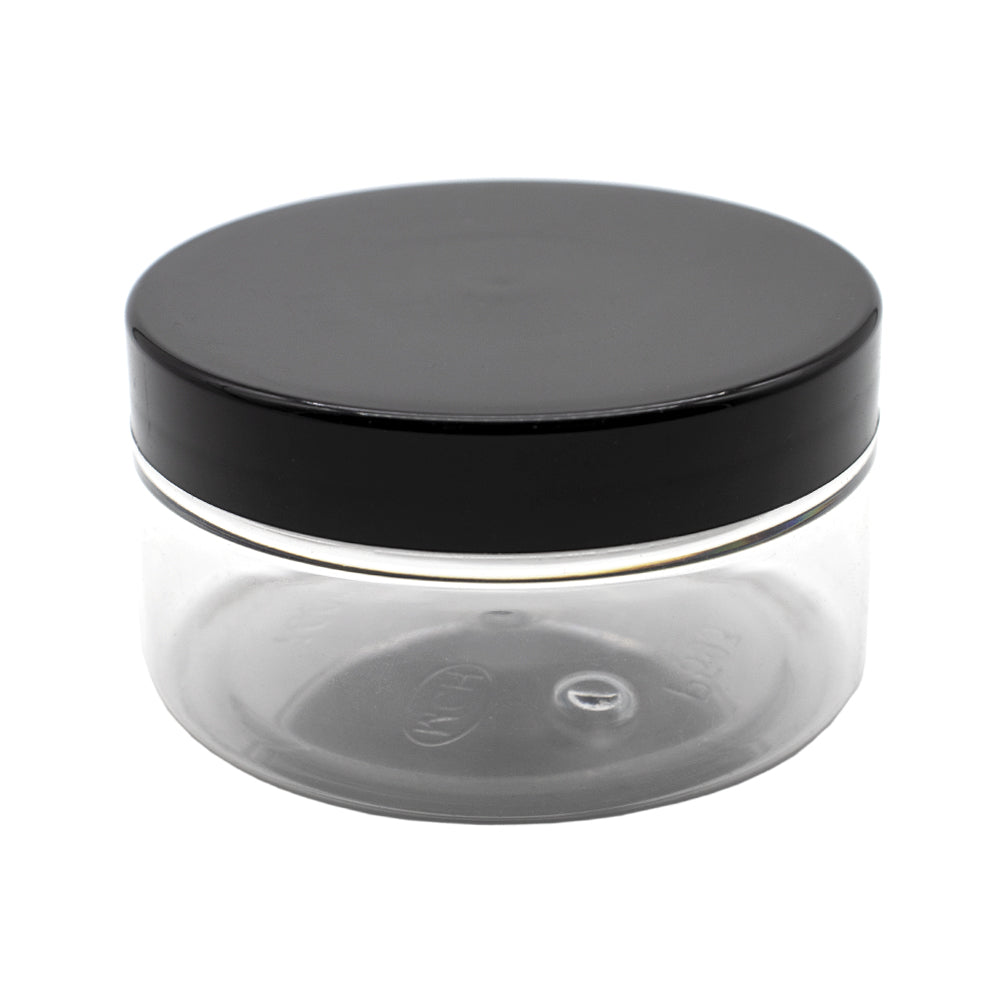 Pots cosmétique , 100ml, PET/PP, 70/400, Fileté, Transparent, Noir, Cylindrique