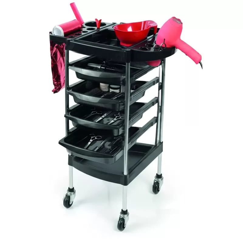 Schwarzer Friseurtisch – Professioneller Wagen mit 4 Schubladen und integrierten Stützen